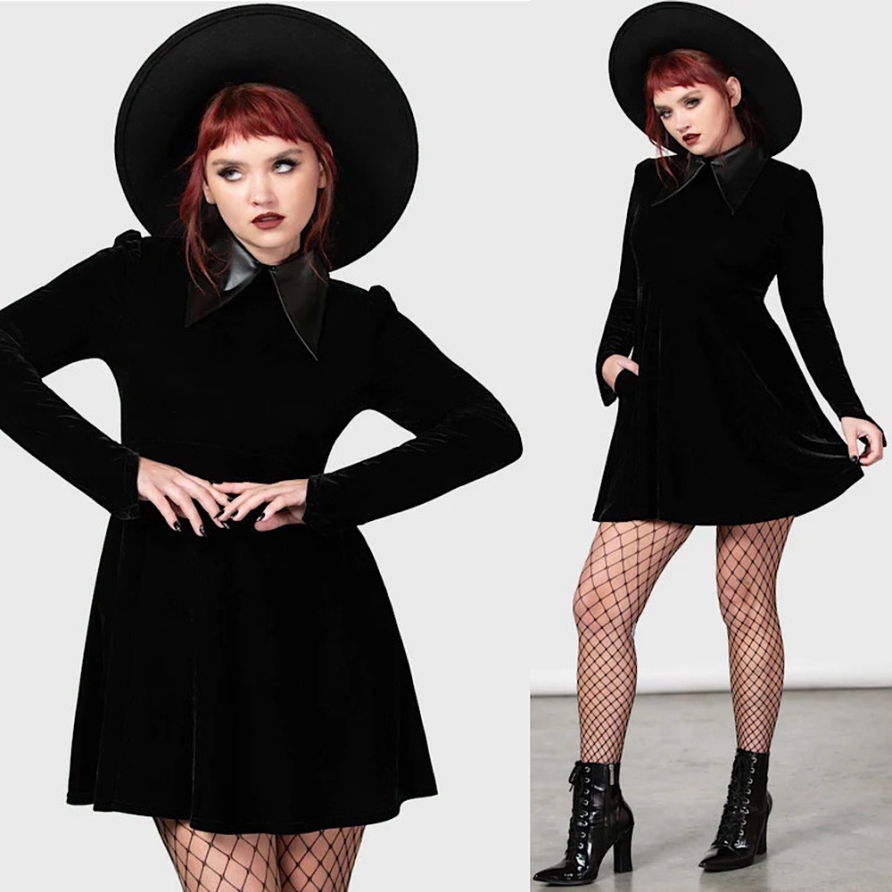 NWT KILLSTAR Velvet Faux Leather Oversize Collar Wednesday Adams Skater Dress XS